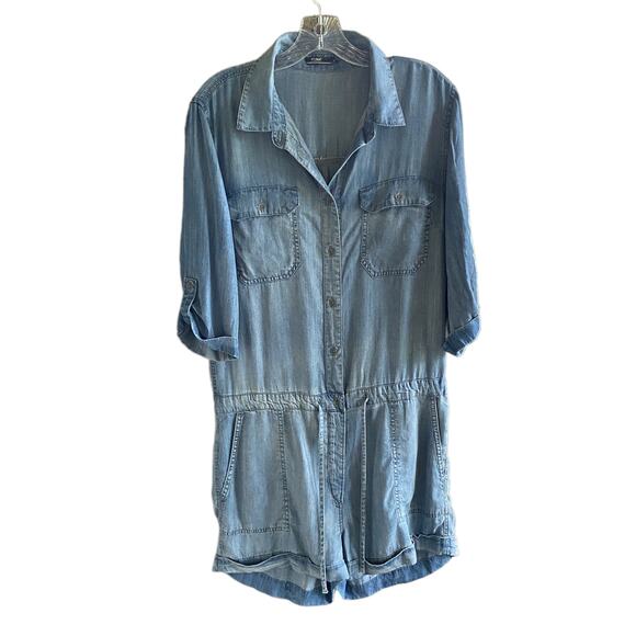 SILVER M Chambray Romper Drawstring Waist Roll Tab Sleeves Button Front Lyocell - Picture 10 of 10